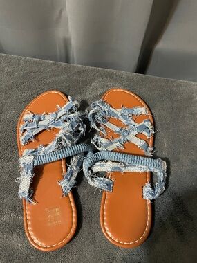 Women's Frayed Denim Multi-Strap Sandals in Tan and Blue